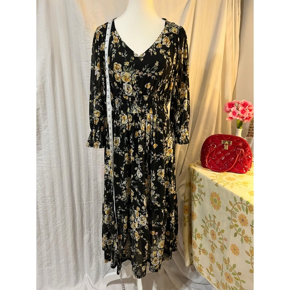 Ember Classy Feminine Spring Summer Black Floral Longsleeve A-line Dress - Picture 5 of 7
